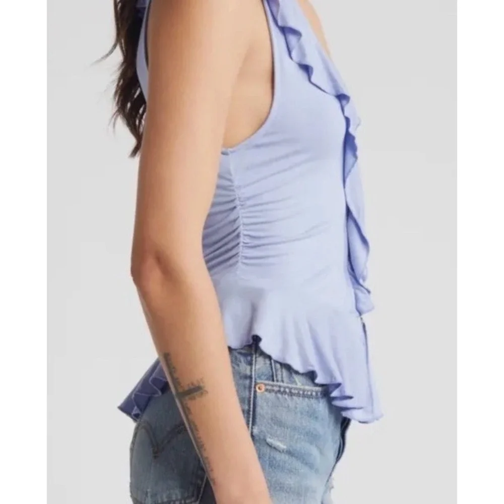 Free People Ruffle Me Away Slim Fit Plunge Neck Top Womens L Blue Heron Pullover